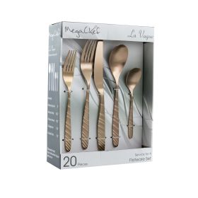 MegaChef La Vague 20 Piece Flatware Utensil Set, Stainless Steel Silverware Metal Service for 4 in Matte Rose Gold