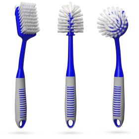 Blue Dish Brush Set of 3 with Bottle Water Brush Scrub Brush and Scrubber Brush for Kitchen Ergonomic Non Slip Long Handle